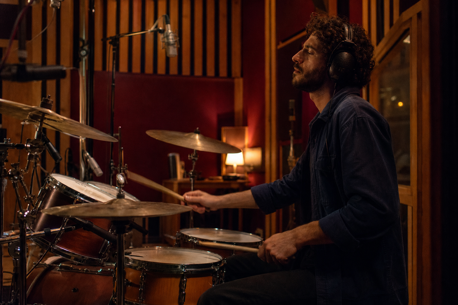 Batteur en session dans la live room